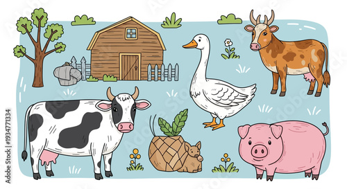 Cartoon farm scene with animals and barn.