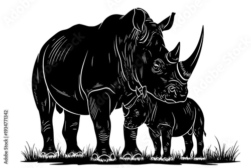Rhino Mother and Calf Protective Parent Safari Rhinoceros Conservation African Wildlife Black Vector Silhouette