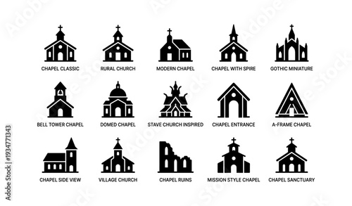 Icon set of various chapel architecture styles and designs