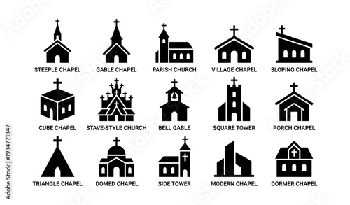 Set of 16 chapel silhouettes: steeple, gable, parish, village, sloping, cube, stave, bell, square, porch, triangle, domed, side, modern, dormer