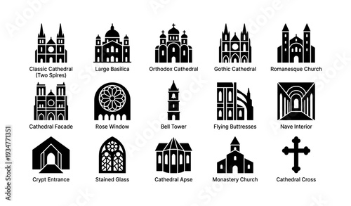 Cathedral architecture icons collection: gothic, romanesque, orthodox, classic designs