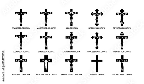Variety of crucifix designs: standard, modernist, halo, and more