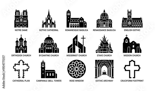 Collection of architectural styles: cathedrals, basilicas, and churches in black icons