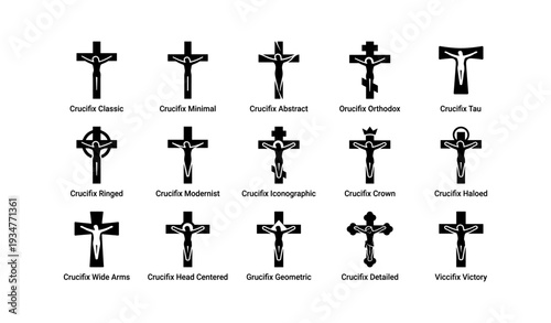 Collection of various crucifix designs with labels for different styles