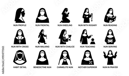 Various silhouette illustrations of nuns in different roles and actions