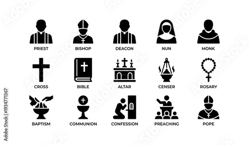 Black icons representing christian symbols and roles in the church