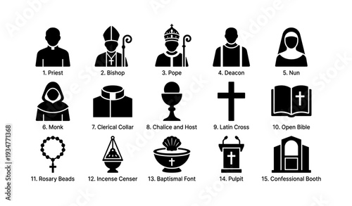 Christian icon set: priest, bishop, pope, deacon, nun, monk, religious symbols