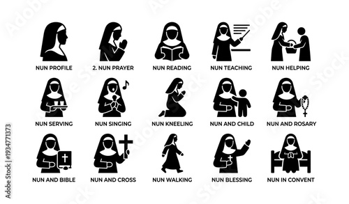 Silhouette icons of nuns in various activities and situations