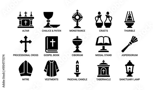 Catholic church symbols: altar, chalice, monstrance, cross, vestments, candle, tabernacle, lamp