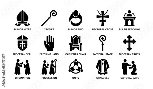 Set of catholic church icons including bishop mitre, crosier, and pastoral symbols