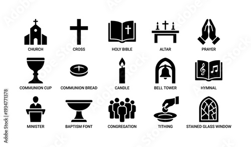 Christian symbols and icons: church, bible, altar, cross, prayer