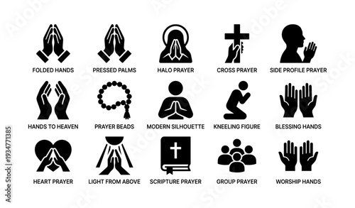 Prayer symbols collection: hands, beads, cross, silhouettes for worship and blessing