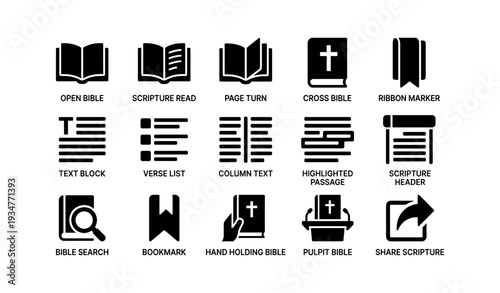 Bible study icons: open book, scripture read, cross, bookmark, search, text blocks