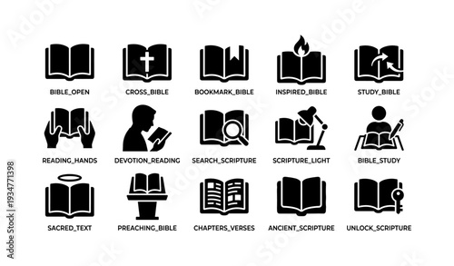 Bible icons: open, study, devotion, sacred text, preaching symbols