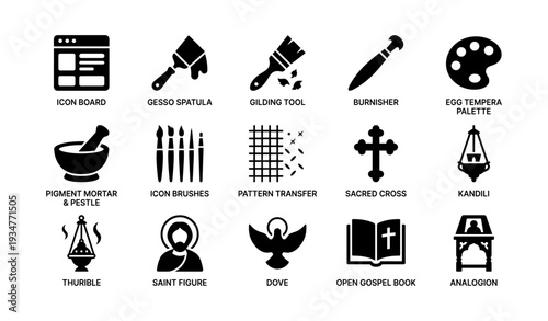 Icons of religious art techniques and tools with sacred symbols