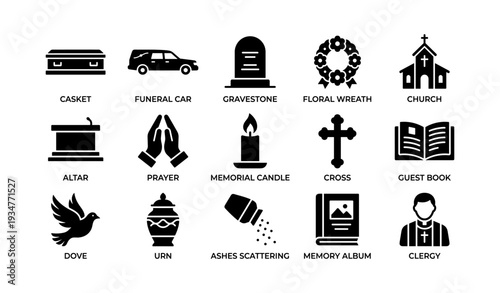 Funeral symbols set: casket, cross, memorial candle, church, urn