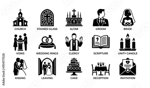 Wedding icons set featuring church, bride, groom, rings, cake, and reception elements