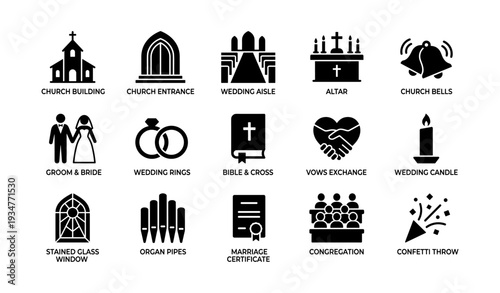 Icons of wedding and church elements including bride, groom, and religious symbols