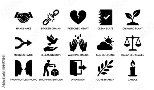 Icons of connection, growth, balance, and renewal in black and white silhouettes