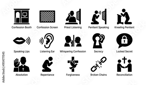 Confession icons: booth, priest, penitent, listening, secrecy, forgiveness, reconciliation