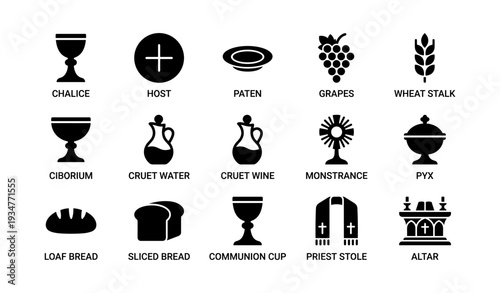 Christian liturgical symbols: chalice, host, paten, grapes, wheat, ciborium, monstrance, altar