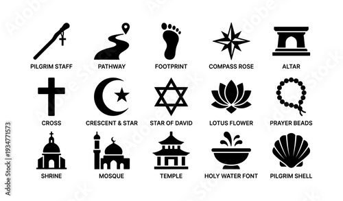 Religious symbols: pilgrim staff, footprint, compass, shrine, temple icons