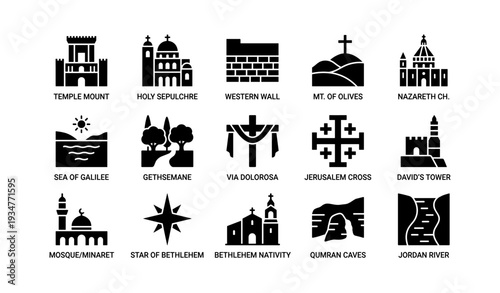 Icon set of jerusalem's religious and historical landmarks