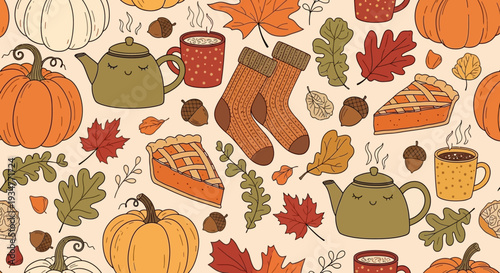 Autumn-themed seamless pattern with pumpkins, leaves, and warm beverages.