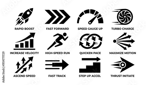 High-speed icons: boost, run, accelerate, turbo, velocity symbols