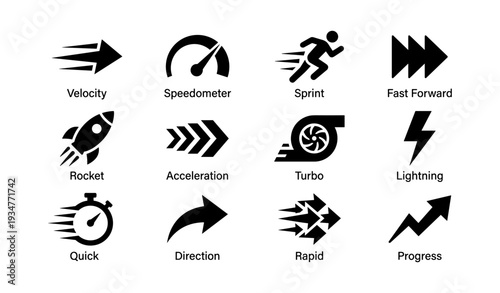 Collection of speed and motion icons featuring arrows and symbols