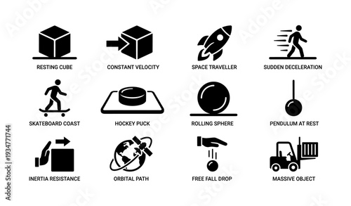 Physics concepts: motion, velocity, and forces illustrated with simple icons