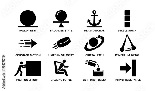 Science icons illustrating physics concepts with symbols and diagrams