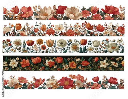 Vector set of 5 horizontal vintage spring wildflower and tulip borders (Botanical floral garden banner)
(보태니컬 플로럴 정원 배너 - 5종의 가로형 빈티지 봄 야생화 및 튤립 띠지 벡터 세트)