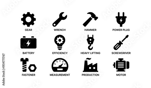 Black icon set: tools, machinery, and energy elements in bold design