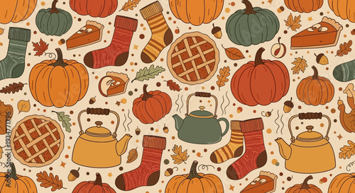 Autumn-themed seamless pattern with pumpkins and fall elements.