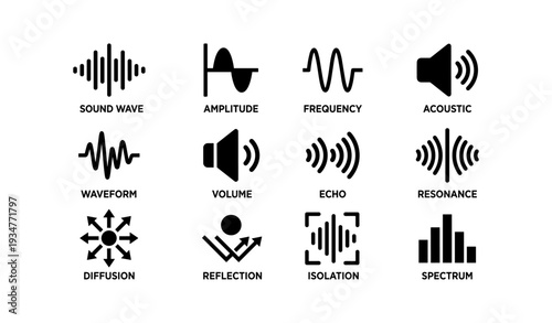 Audio symbols: sound wave, frequency, echo, resonance, spectrum icons