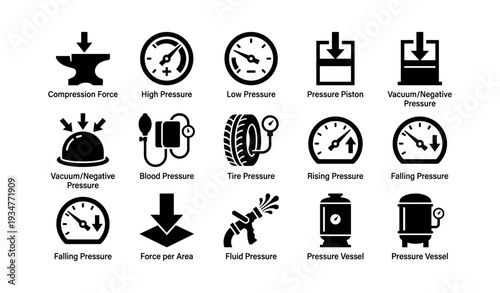 Pressure measurement icons: high, low, vacuum, blood, tire, vessel
