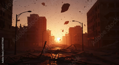 Sunset over a desolate urban ruin, where collapsed buildings and airborne debris create a haunting panorama of post-catastrophe decay under a vibrant, dust-filled sky