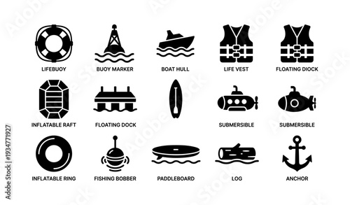 Nautical icons set: lifebuoy, buoy marker, boat hull, life vest
