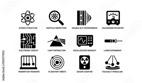 Illustrated science icons: atomic structure, light diffraction, laser experiment, geiger counter, foucault pendulum