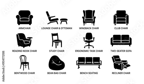 Collection of various chair and sofa styles in silhouette