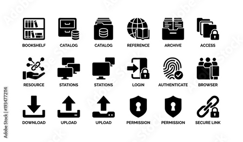 Library and data access icons: bookshelf, catalogs, authentication, upload, secure link