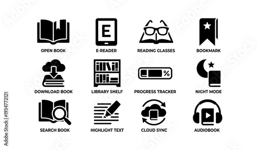 Library icons set: e-reader, bookmark, audiobook, cloud sync, highlight