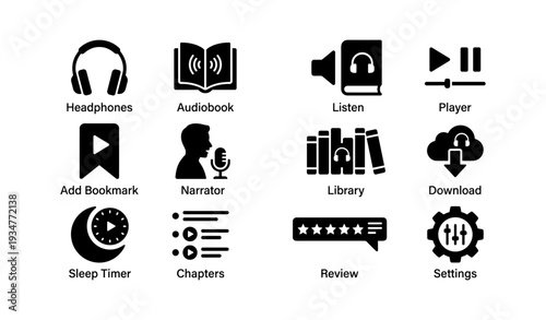Audiobook app icons: headphones, narrator, library, settings, download