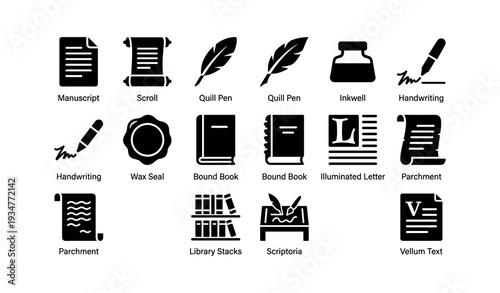 Icons of historical writing tools and manuscripts