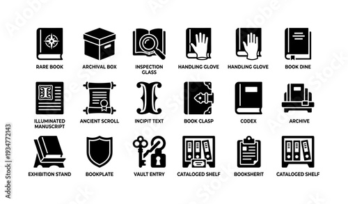 Icon set: rare books, manuscripts, archives, and handling tools