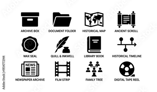 Archival tools icons: box, folder, maps, scrolls, seals, quill, book, timeline, news, film, family, tape reel