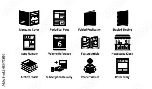Print media icons set: magazine cover, subscription, kiosk, reader, archive
