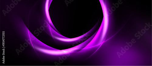 Abstract purple swirls dominate black background. Smooth curves create dynamic, modern visual effect. Brightness contrasts sharply with darkness.