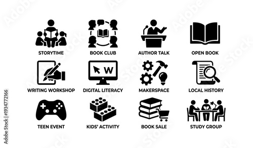 Library activities and events: storytime, book club, author talk, writing workshop, teen event